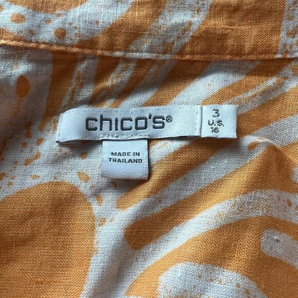 Chico’s Woman’s Orange White Linen Scroll Button Down 3/4 Sleeve Shirt- Size 3 - Picture 4 of 12